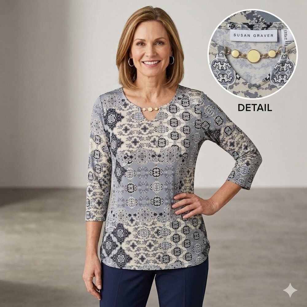 Susan Graver Liquid Knit Tunic M Print 3/4 Sleeve Chain Keyhole Gray USA A274437